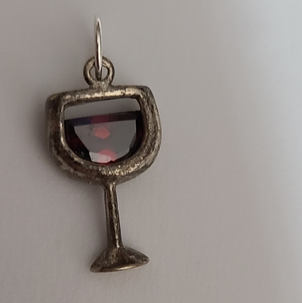 Vintage silpada wine glass necklace pendant aged patina charm garnet January vtg